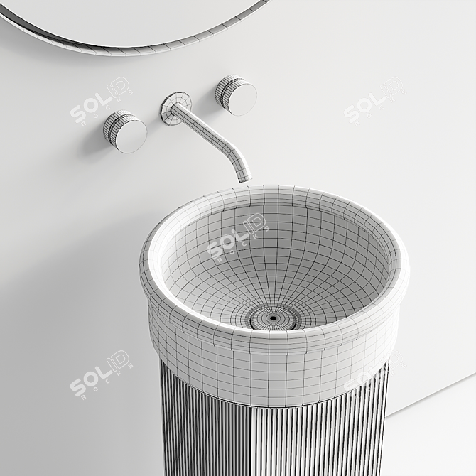 Modern Wooden Vanity Set with Round Ceramic Basins 3D model image 5