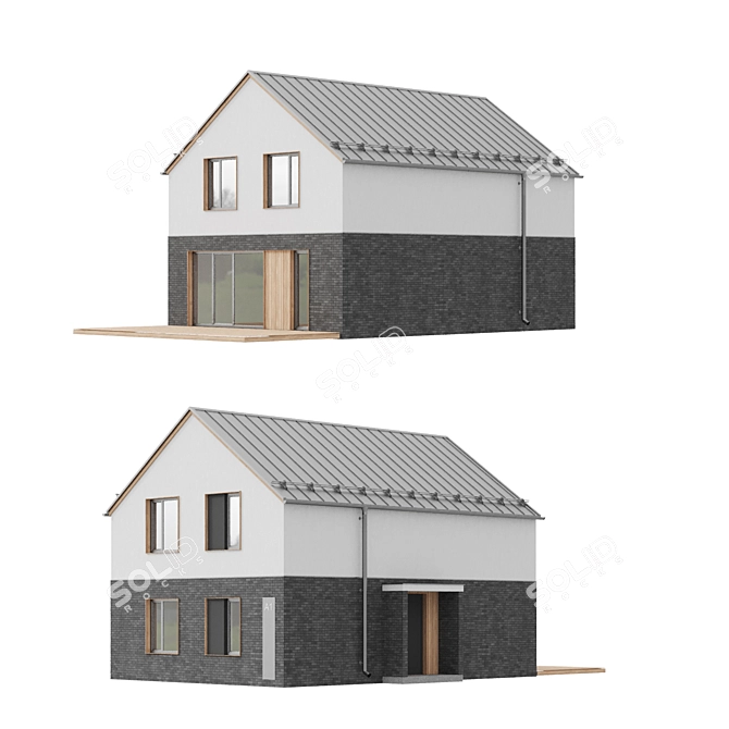 Modern Plastered Wood Brick House 3D model image 2