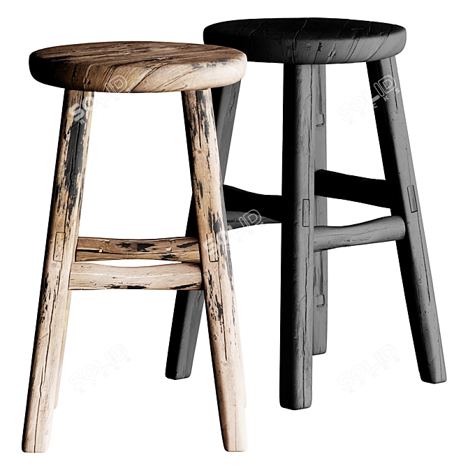 Vintage French Wood Stool/Table 3D model image 2