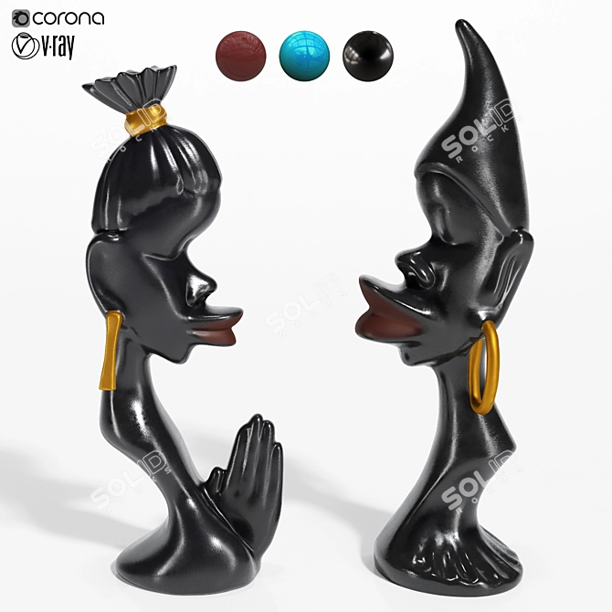 African Couple Statue Trio Set 3D model image 1