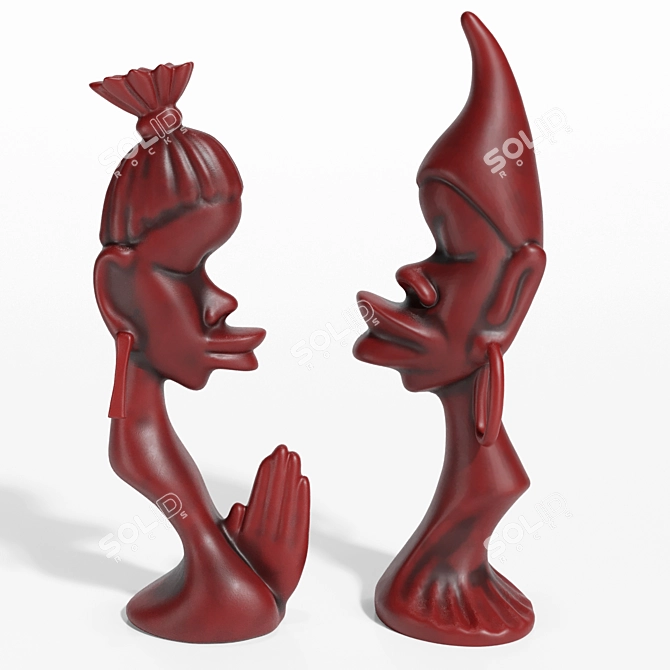 African Couple Statue Trio Set 3D model image 3