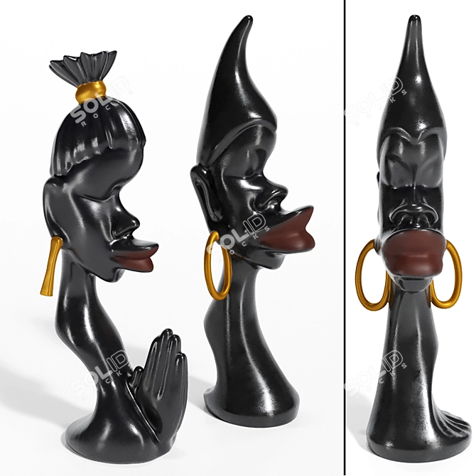 African Couple Statue Trio Set 3D model image 4