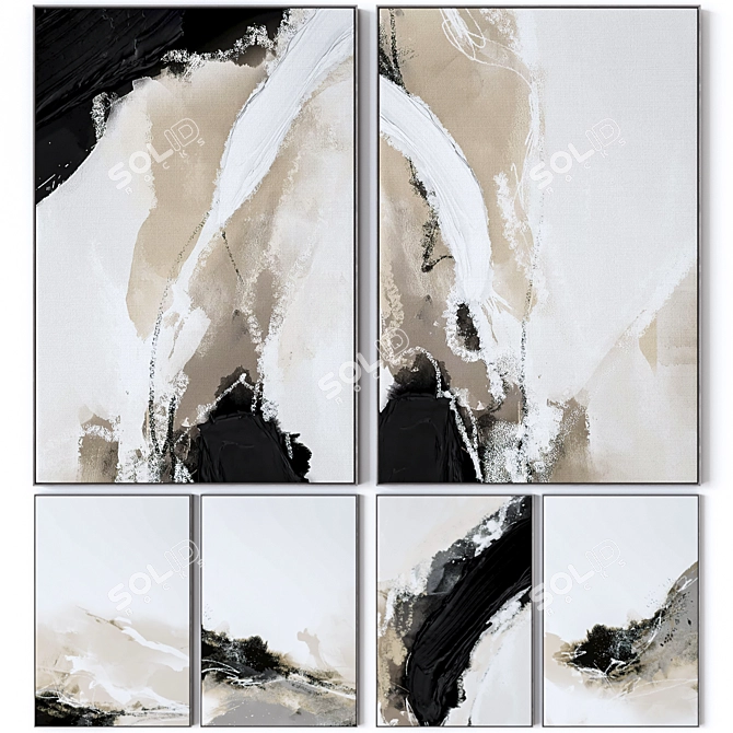 Large Wall Paintings Set with Textured Frames 3D model image 1