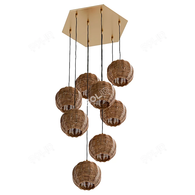 Elegant Solaris Brass Rattan Chandelier 3D model image 5