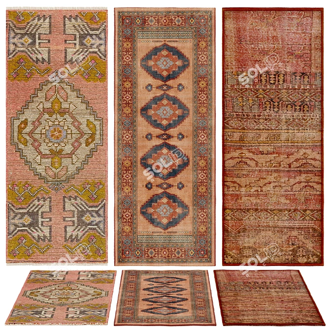 Hand-Knotted Runner Rug Trio 3D model image 1