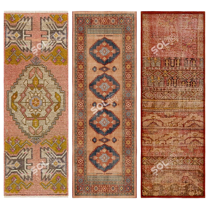 Hand-Knotted Runner Rug Trio 3D model image 2