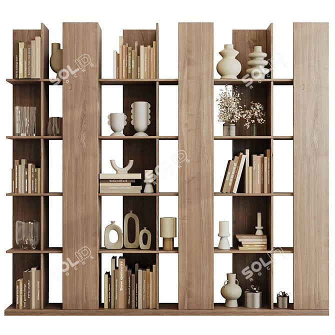 Rustic Wooden Book & Plant Shelf 3D model image 2