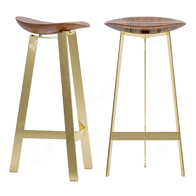 Sleek Wood and Brass Stool 3D model image 1