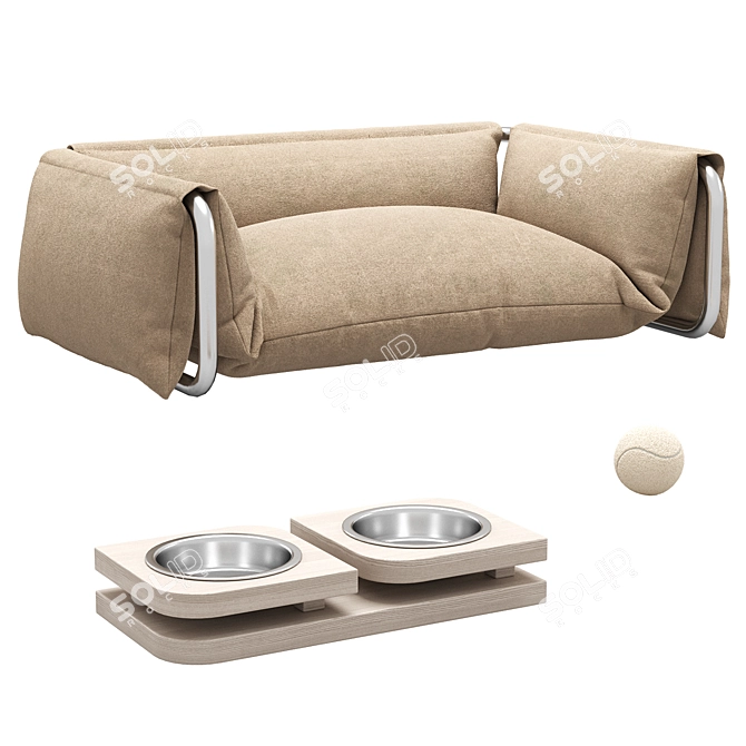 Luxury Pet Bed & Bowl 3D model image 1