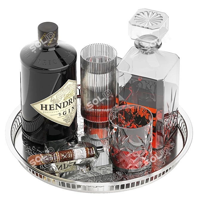 Whiskey Wine Tray with Cigar 3D model image 2