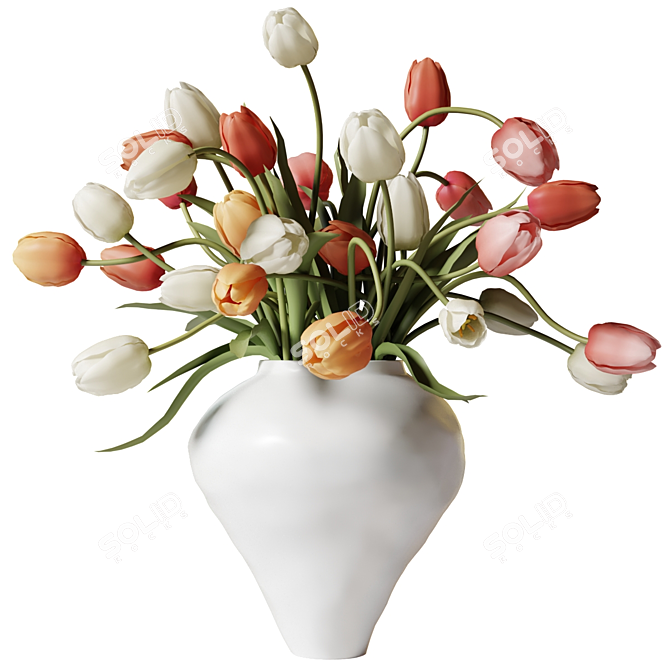 Colorful Tulips in White Clay Vase 3D model image 1