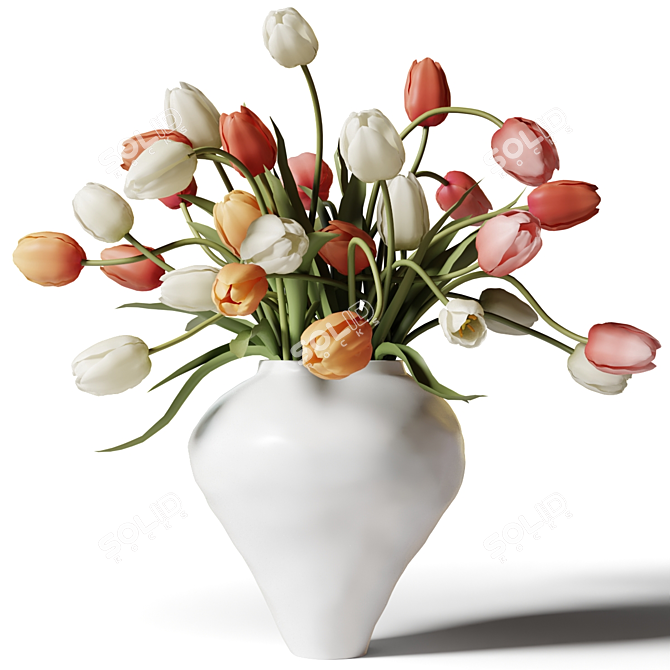 Colorful Tulips in White Clay Vase 3D model image 2