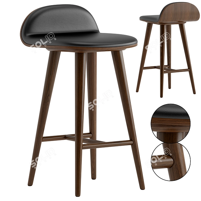 Sleek Walnut Leather Counter Stool 3D model image 1