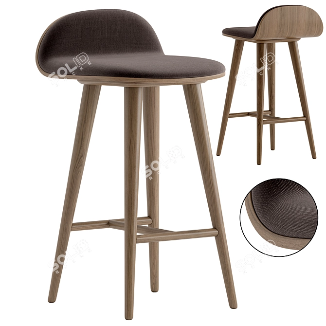 Sleek Walnut Leather Counter Stool 3D model image 2