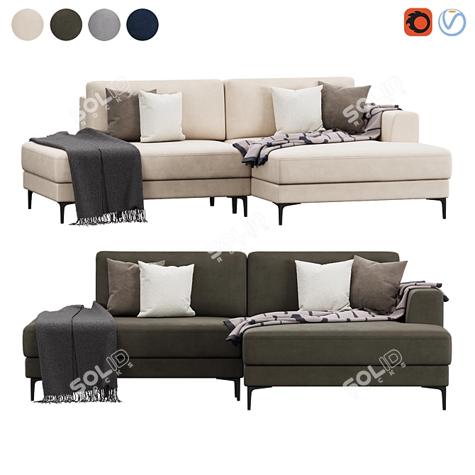 Modern Edwin Velvet Corner Sofa 3D model image 1