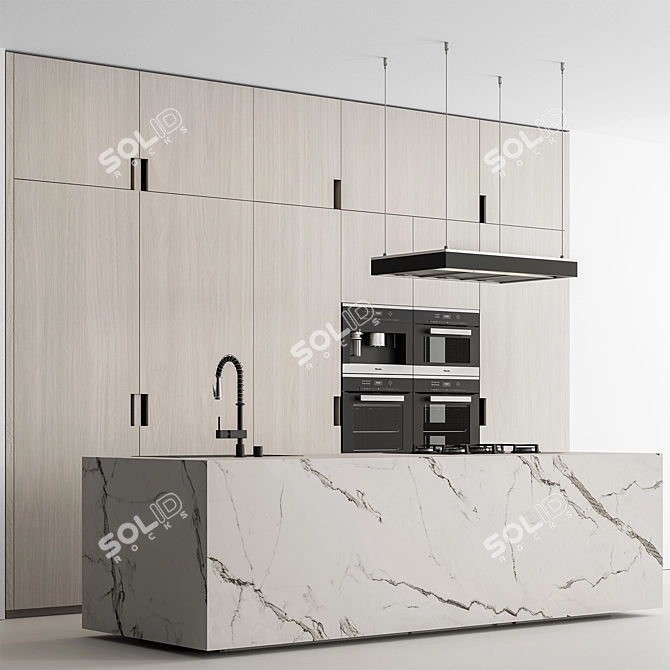 Contemporary Wood Black Kitchen 3D model image 1