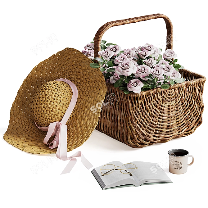 Rose Basket Decor Set with Hat 3D model image 1