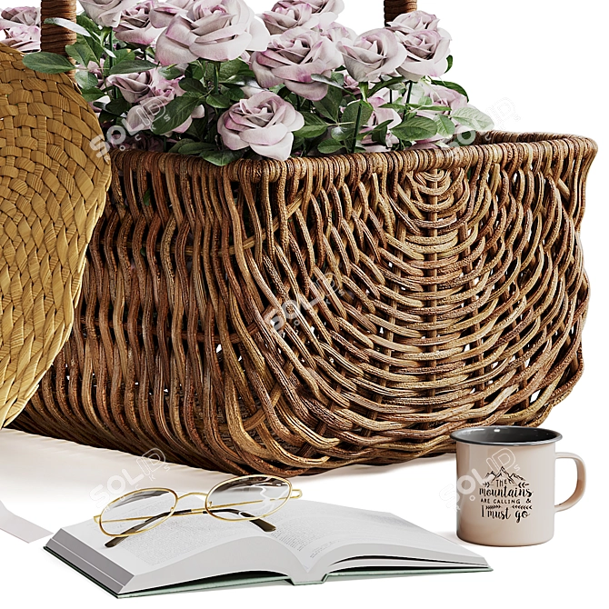 Rose Basket Decor Set with Hat 3D model image 3