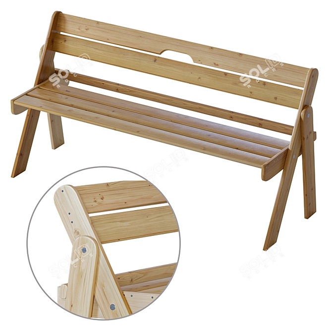 Wooden Folding Bench, Solid Wood 3D model image 2