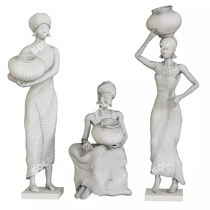 African Ethnic Women Figurine Set 3D model image 2