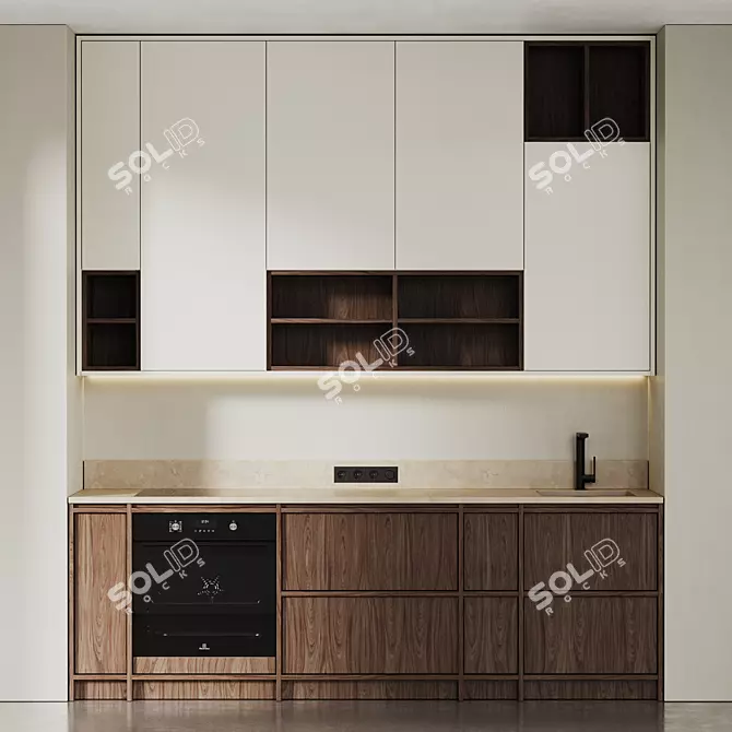 Wood Japandi Modern Kitchen Set 3D model image 2