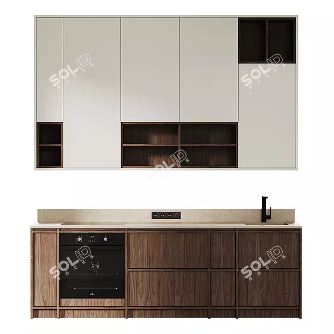 Wood Japandi Modern Kitchen Set 3D model image 6