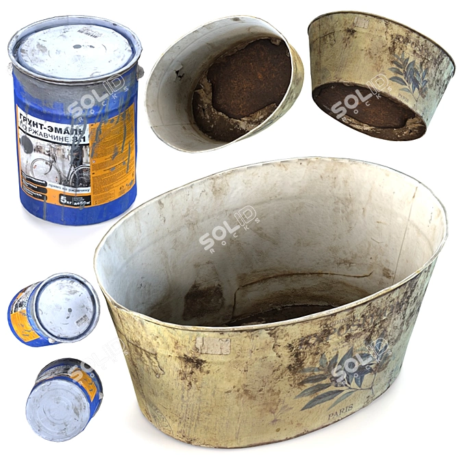 Rusty Basin & Dented Paint Can 3D model image 1