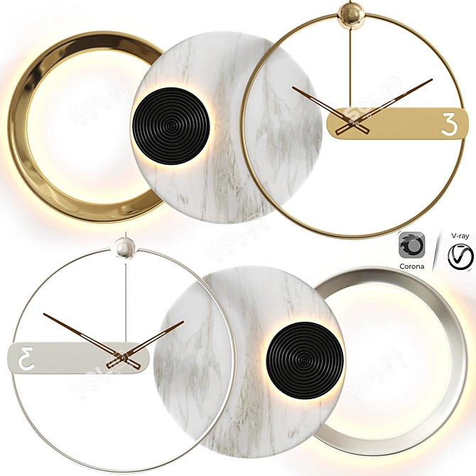 Modern Gold Wall Clock with Wood Pointer. 3D model image 2