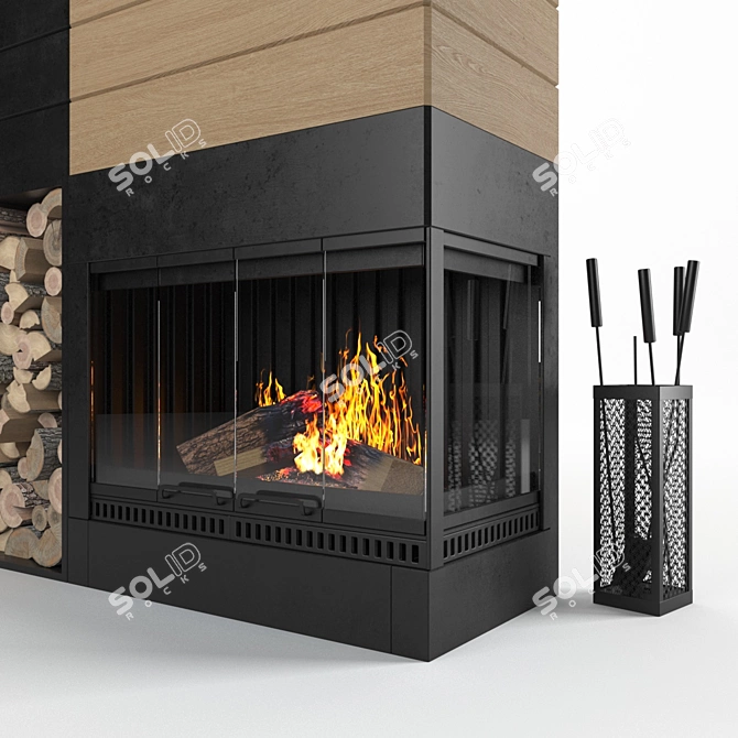 Rustic Wood-Burning Living Room Fireplace 3D model image 2