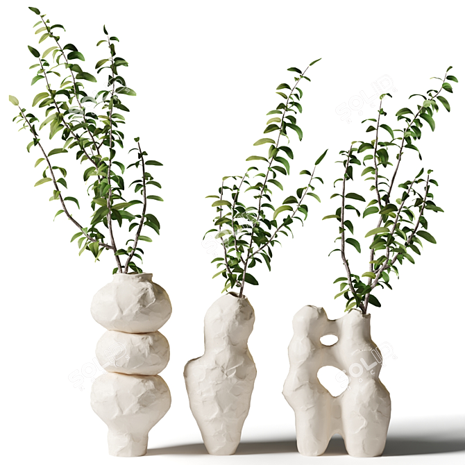 Wave Clay Vases with Foliage 3D model image 1