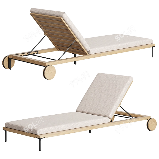 Elegant Wooden Sun Lounger with Wheels 3D model image 1