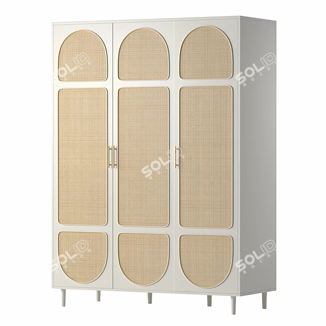 White Rattan 3-Door Wardrobe 3D model image 1