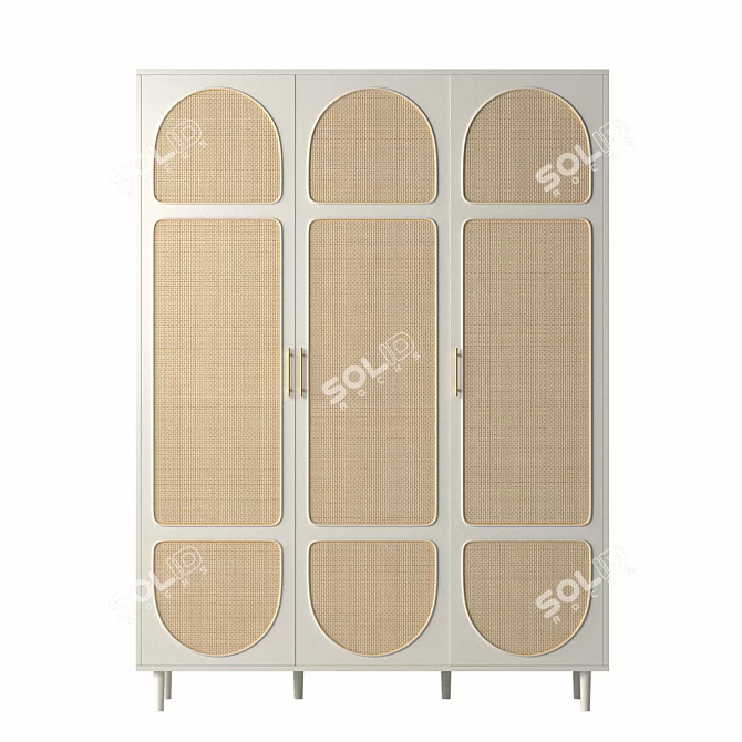 White Rattan 3-Door Wardrobe 3D model image 2