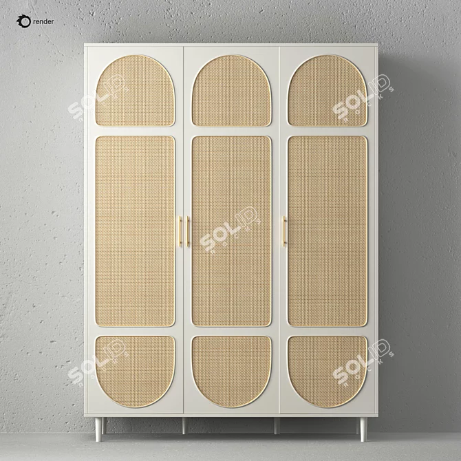 White Rattan 3-Door Wardrobe 3D model image 5