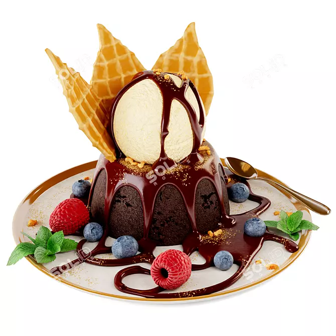 Decadent Chocolate Fondant with Ice Cream 3D model image 3