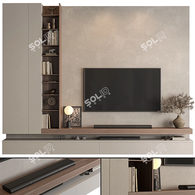 Modern Concrete & Wood TV Wall 3D model image 1