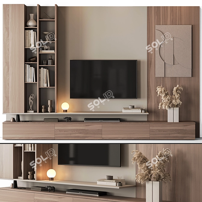 Concrete Wood TV Wall Set 3D model image 1