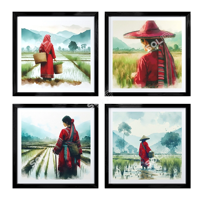 Paddy Landscape Watercolor Frames 3D model image 2