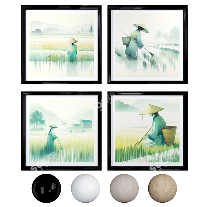  Paddy Landscape Watercolor Frames 3D model image 1