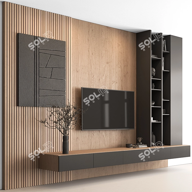 Modern Black Wood TV Wall 3D model image 1