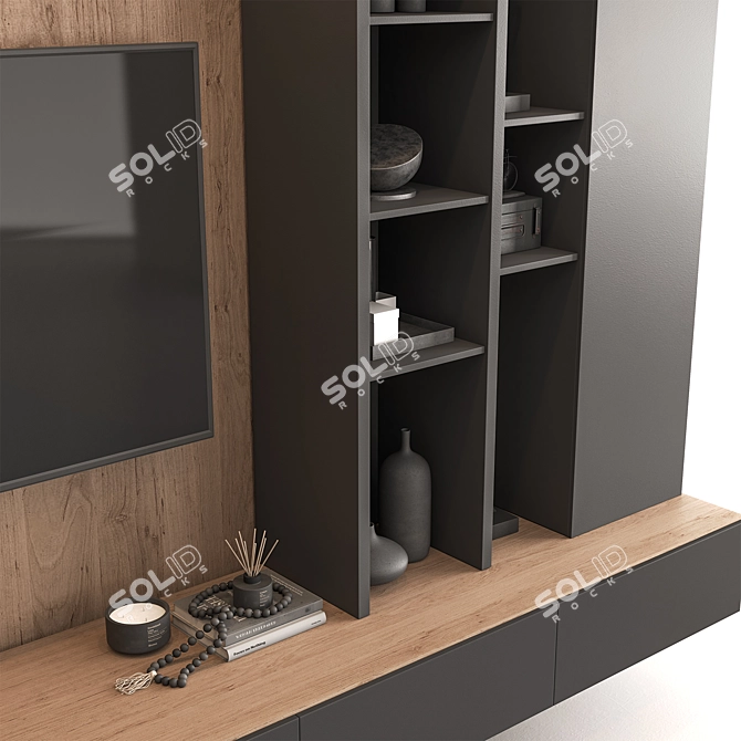 Modern Black Wood TV Wall 3D model image 2