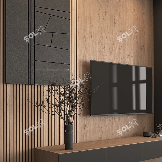 Modern Black Wood TV Wall 3D model image 3