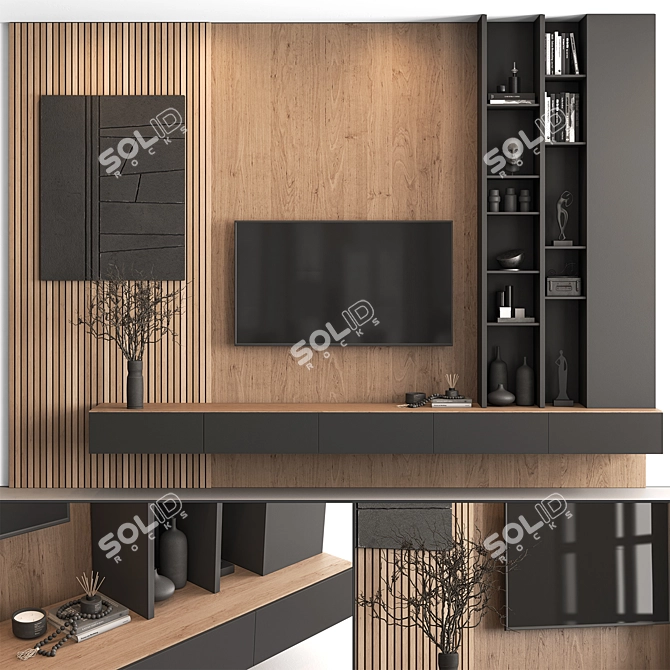 Modern Black Wood TV Wall 3D model image 4