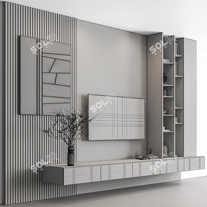 Modern Black Wood TV Wall 3D model image 5