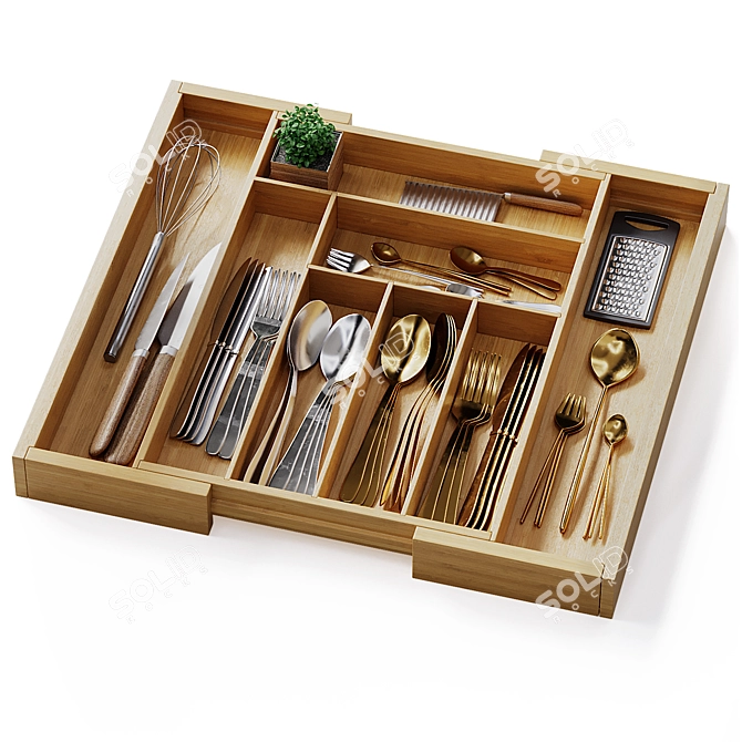 Bamboo Adjustable Silverware Drawer Organizer 3D model image 1