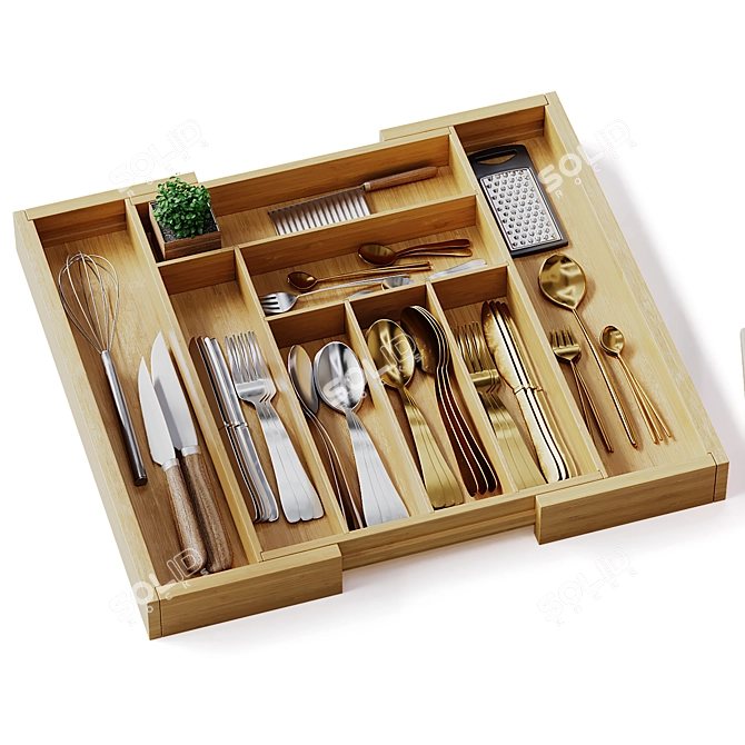 Bamboo Adjustable Silverware Drawer Organizer 3D model image 3