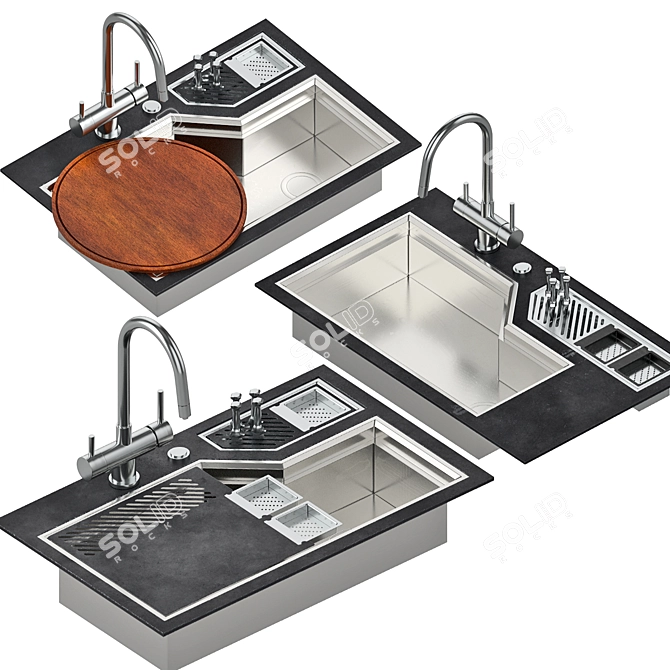 Stainless Steel Sink with Integrated Trough 3D model image 3