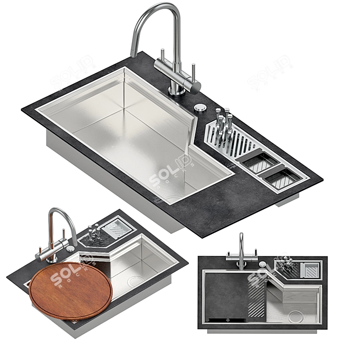 Stainless Steel Sink with Integrated Trough 3D model image 7