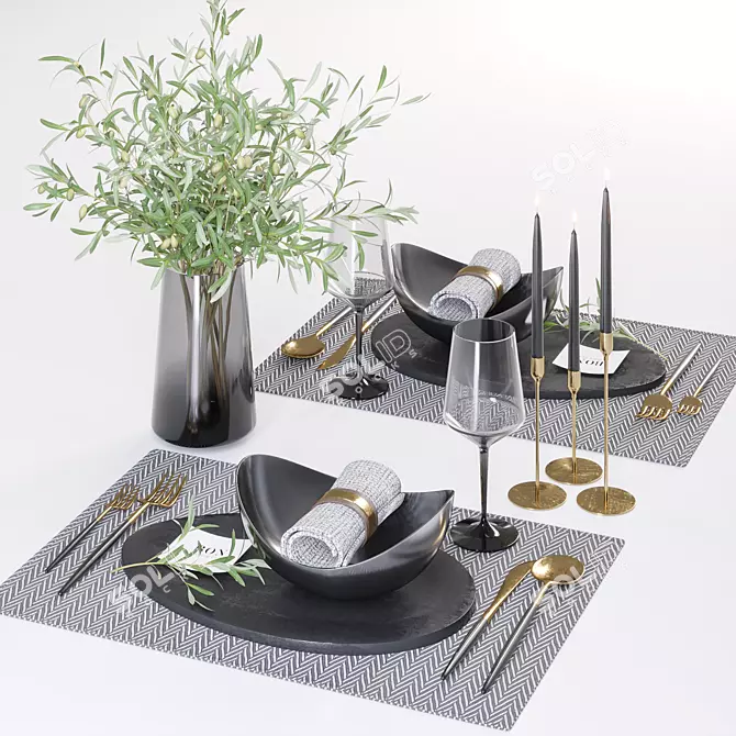 Minimalist Table Set with Olive Branches 3D model image 1