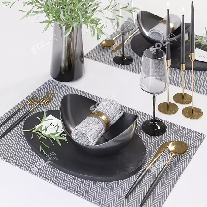 Minimalist Table Set with Olive Branches 3D model image 2